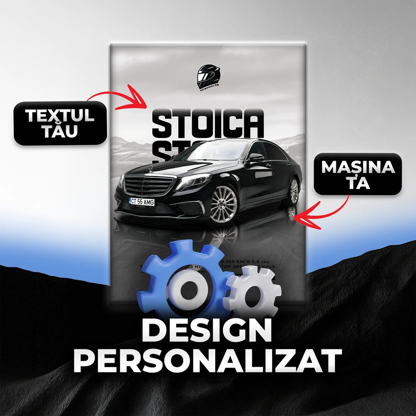 Exemplu de tablou auto personalizat cu fotografia mașinii și textul ales de client
