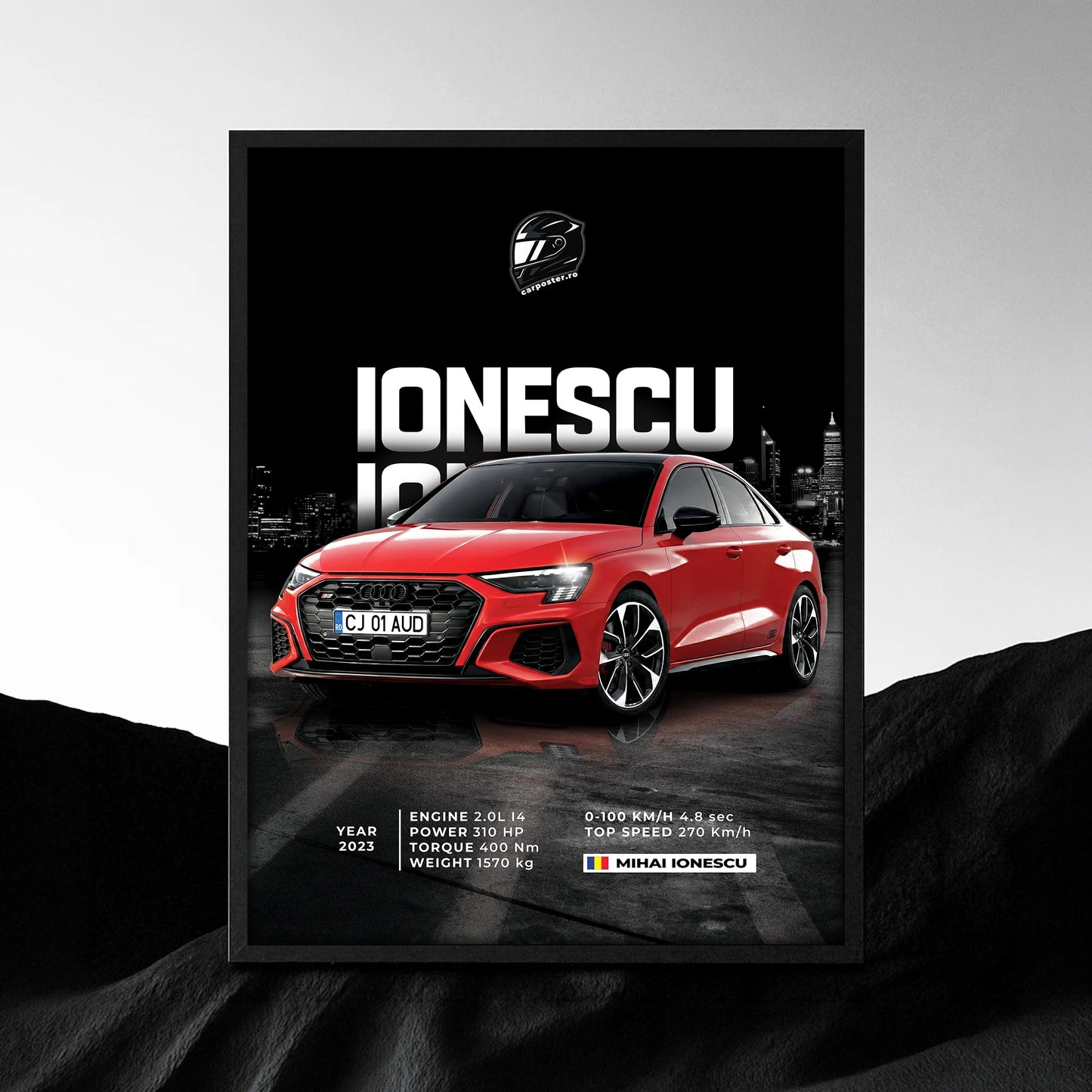 Poster auto personalizat după fotografie cu Audi roșu, numele Ionescu și fundal Tokyo noaptea
