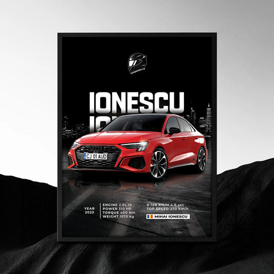 Poster auto personalizat după fotografie cu Audi roșu, numele Ionescu și fundal Tokyo noaptea
