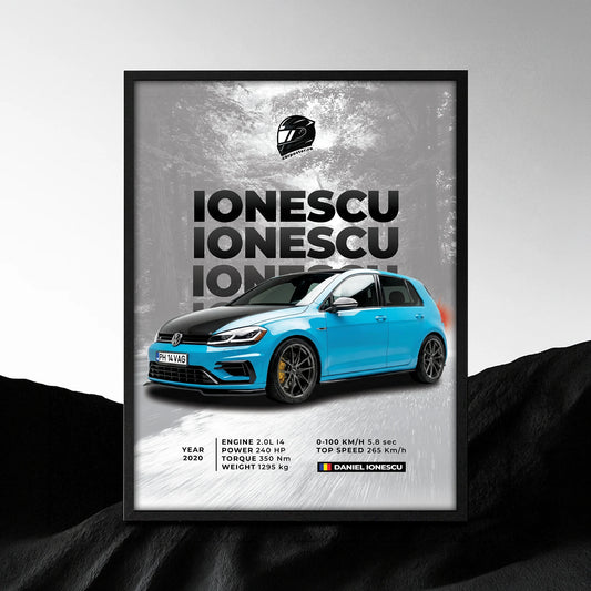 Tablou auto personalizat după fotografie cu Volkswagen Golf albastru, numele Ionescu și fundal de junglă
