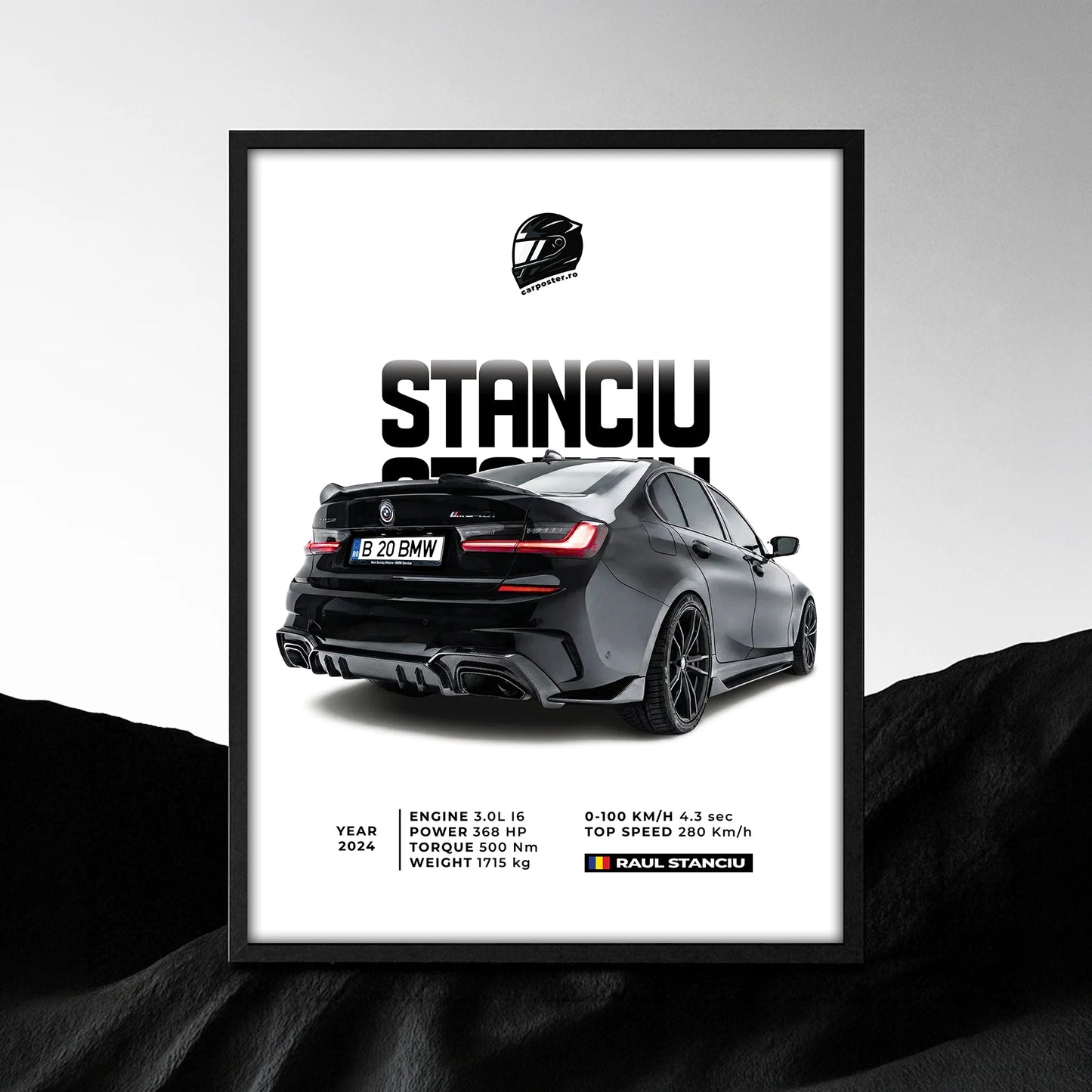 Tablou auto minimalist personalizat după fotografie, cu BMW negru și numele Stanciu
