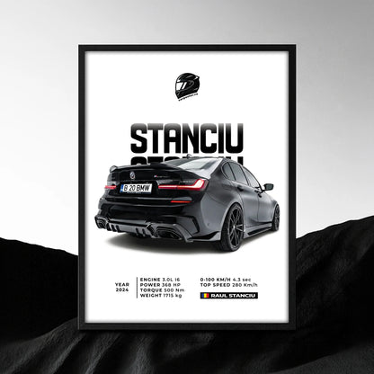 Tablou auto minimalist personalizat după fotografie, cu BMW negru și numele Stanciu
