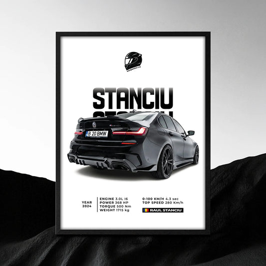 Tablou auto minimalist personalizat după fotografie, cu BMW negru și numele Stanciu
