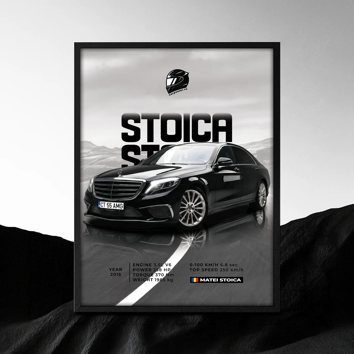 Tablou auto personalizat după fotografie, cu Mercedes negru, numele Stoica și fundal montan