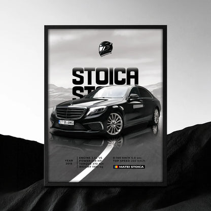 Tablou auto personalizat după fotografie, cu Mercedes negru, numele Stoica și fundal montan