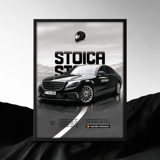 Tablou auto personalizat după fotografie, cu Mercedes negru, numele Stoica și fundal montan