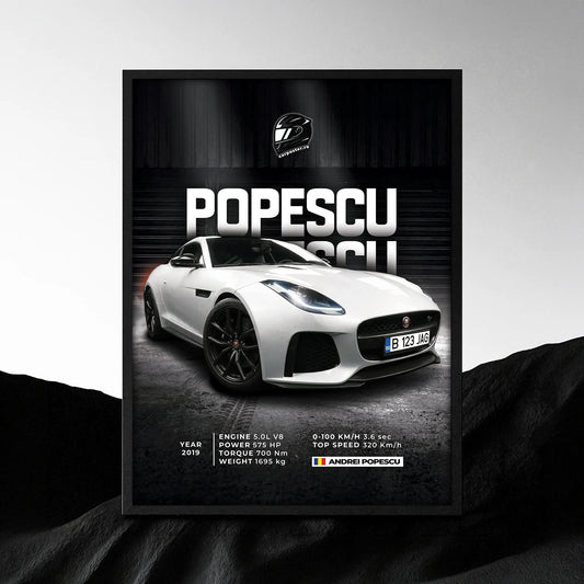 Tablou auto personalizat după fotografie cu Jaguar alb, numele Popescu și fundal de garaj
