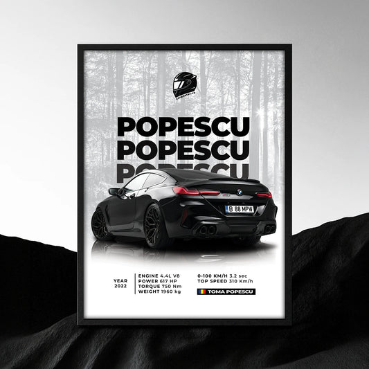 Tablou auto personalizat după fotografie cu BMW negru, numele Popescu și fundal de pădure

