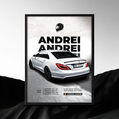 Cadou pentru pasionat auto – tablou personalizat cu Mercedes alb și numele Andrei, în stil motorsport